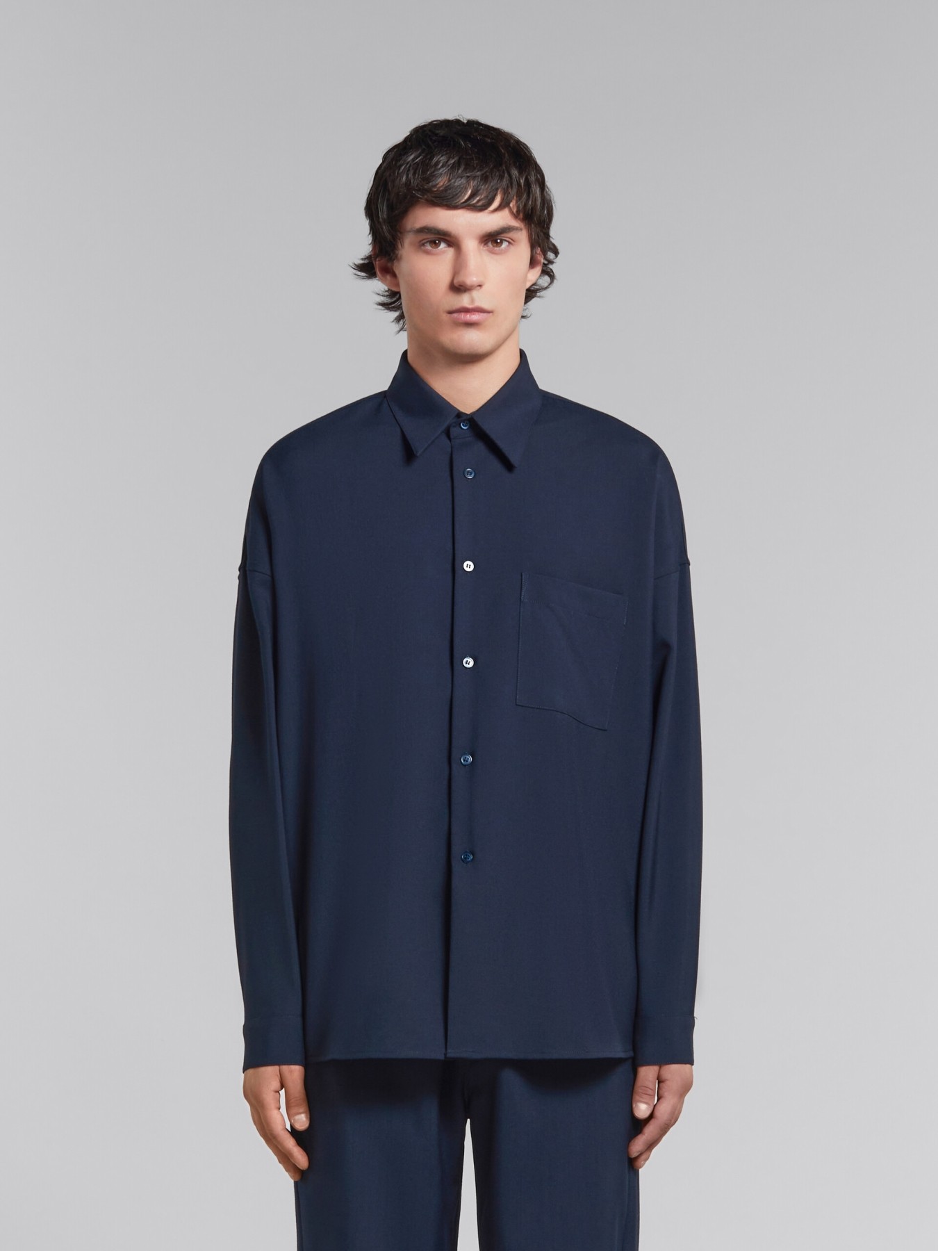 MARNI DEEP BLUE TROPICAL WOOL LONG-SLEEVED SHIRT