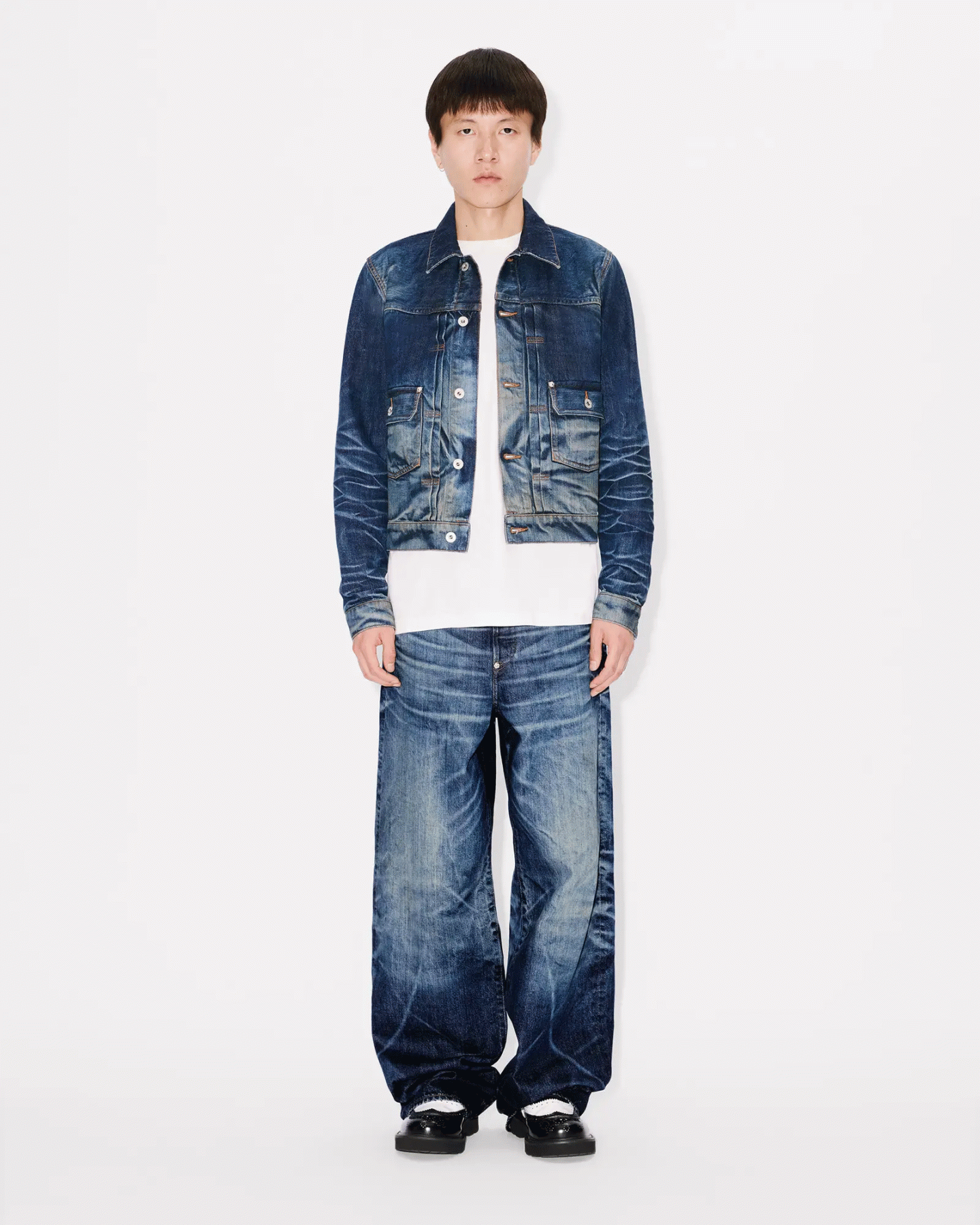 KENZO SLIM PLEATED TRUCKER JACKET IN JAPANESE DENIM